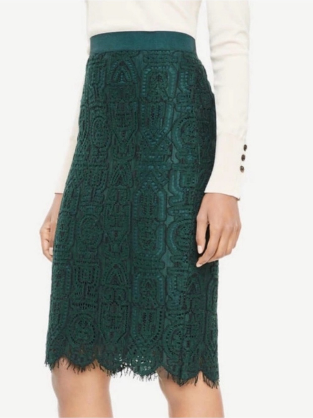 Ann Taylor Emerald Green Lace Midi Skirt
